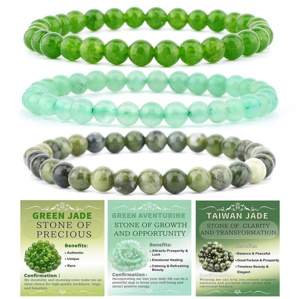 3-Piece 6mm Natural Crystal Gemstone Stretch Bracelets - Green Jade, Green